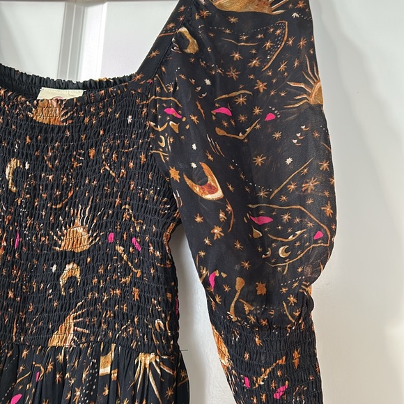 Farm Rio Leopard Sky Midi Dress w Smocked Bodice & Puffed Sleeve w MEASUREMENTS! - Picture 5 of 16